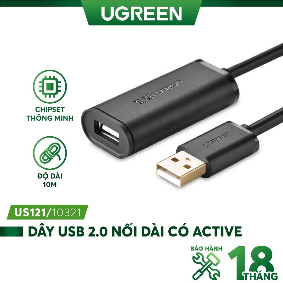 Dây nối dài usb 2.0 active có chíp khuếch đại dài 10m ugreen 10321 us121 - hàng
