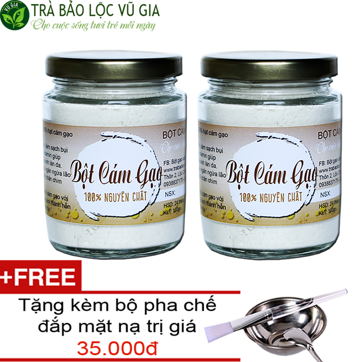 Bộ 2 Bột Cám Gạo Nguyên Chất Vũ Gia (100g/hũ) + Tặng Bộ Đắp Mặt Nạ -  Đắp mặt nạ dưỡng da, lão hóa da, tẩy tế bào chết - Đã được kiểm nghiệm y tế