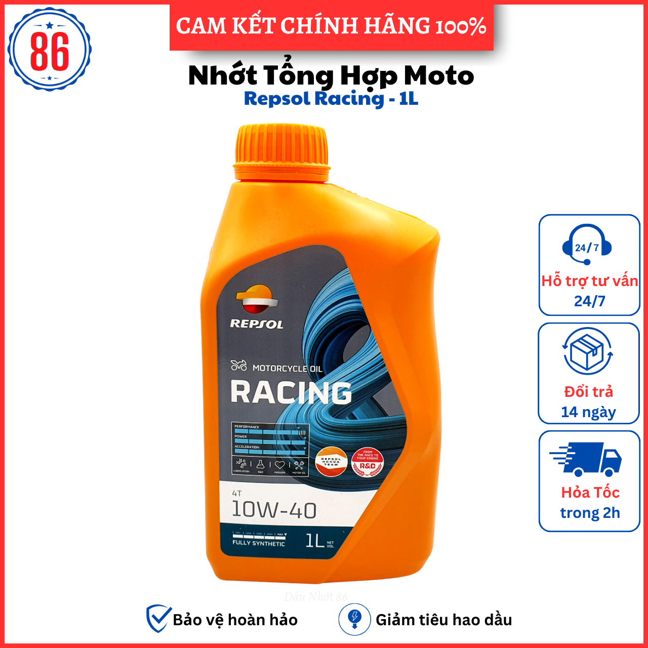 Nhớt tổng hợp công nghệ tiên tiến cao cấp dành cho xe số côn tay moto PKL Repsol Racing 10W40