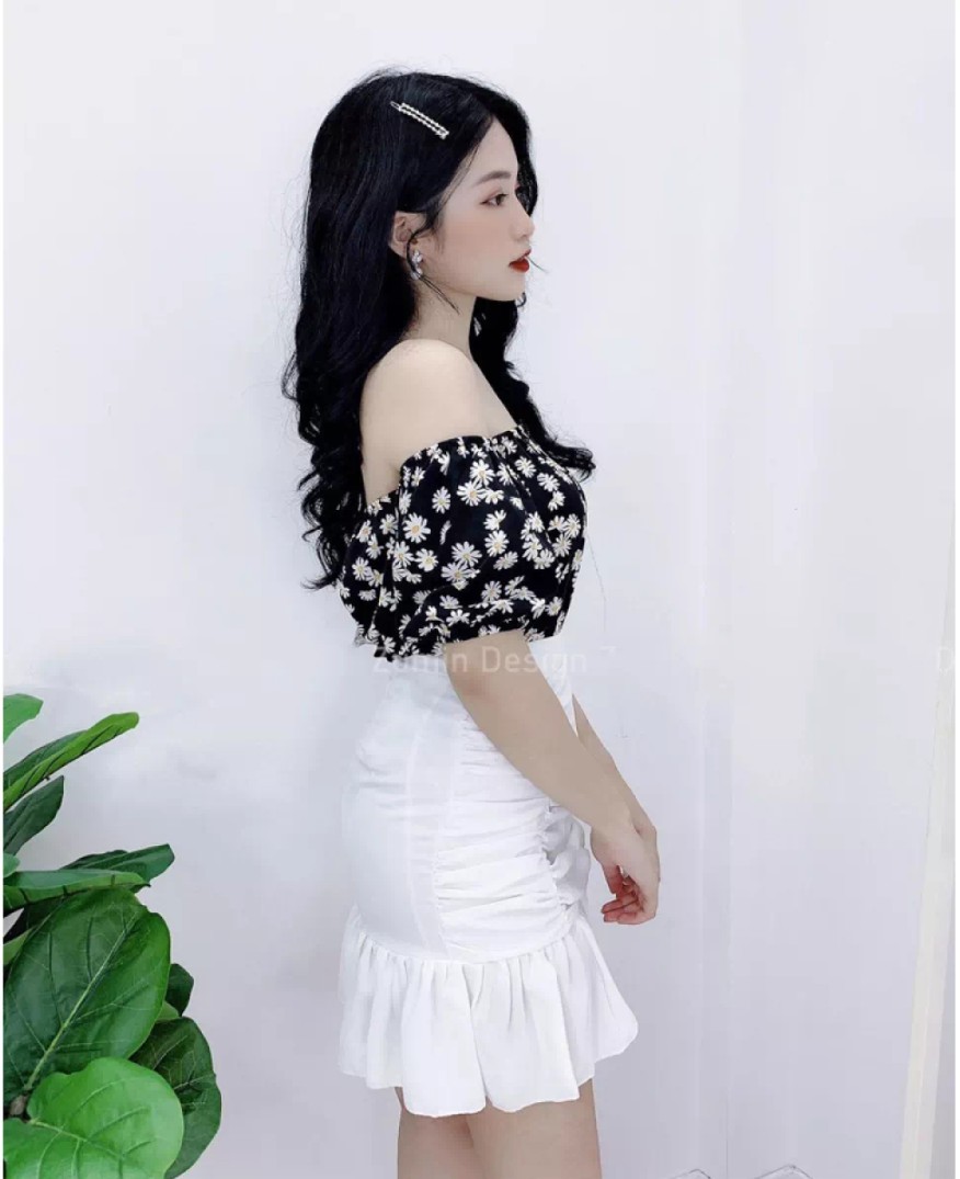 Set áo hoa trễ vai chân váy dúng đuôi cá