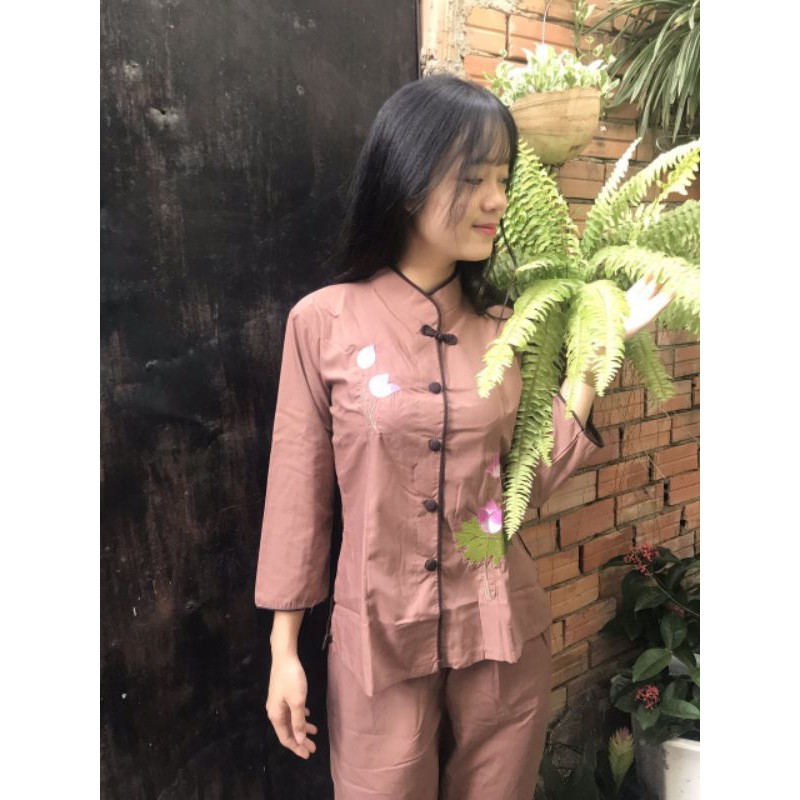 Đồ lam đi chùa  nữ  viền nơ