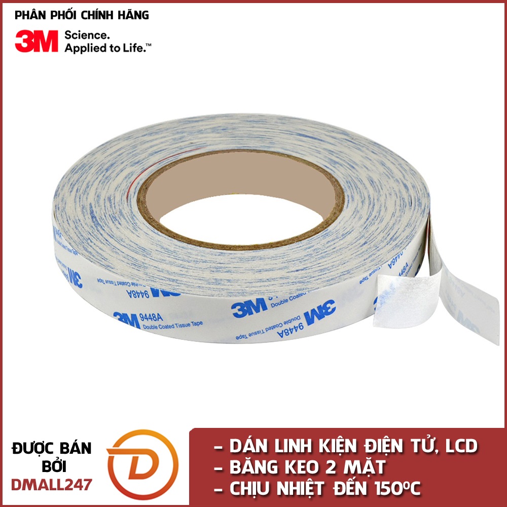 Băng keo 2 mặt chịu nhiệt dán linh kiện điện tử 3M khổ 12mm x 50m 9448A-12 - Dmall247, siêu dính, chịu nhiệt cao