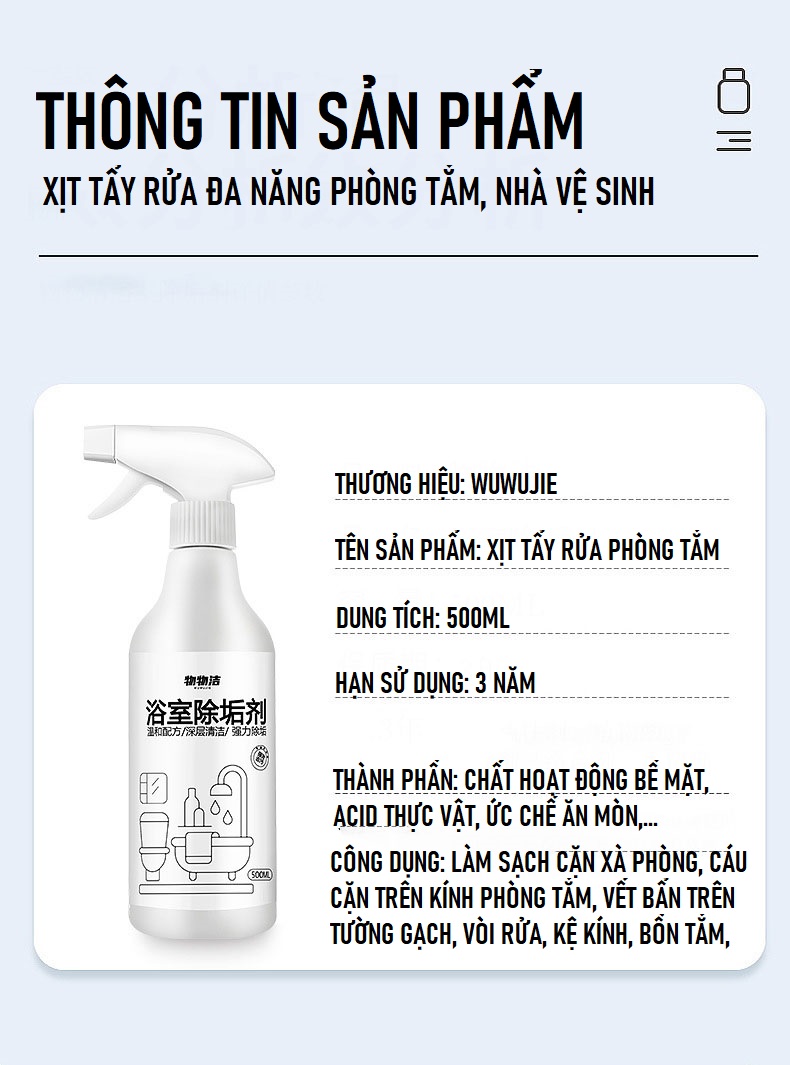 Siêu Tẩy Cặn Đa Năng Phòng Tắm, Nhà Vệ Sinh WUWUJIE 500ML, Tẩy Cặn Canxi Trên Vòi Inox, Vách Kính, Gạch Men Nhà Tắm, Giúp Vách Kính, Vòi Rửa, Bồn Sứ Trở Nên Sáng Sạch, Bóng Đẹp Như Mới