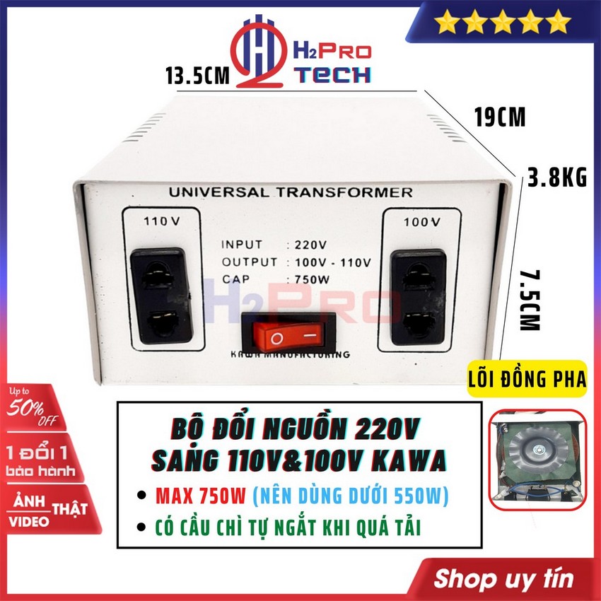 Đổi Nguồn 220V Sang 110V-100V 750W Kawa Hoặc Đổi Ngược Nguồn 110V Sang 220V Cao Cấp-Dùng Cho Máy Dưới 550W-H2Pro Tech