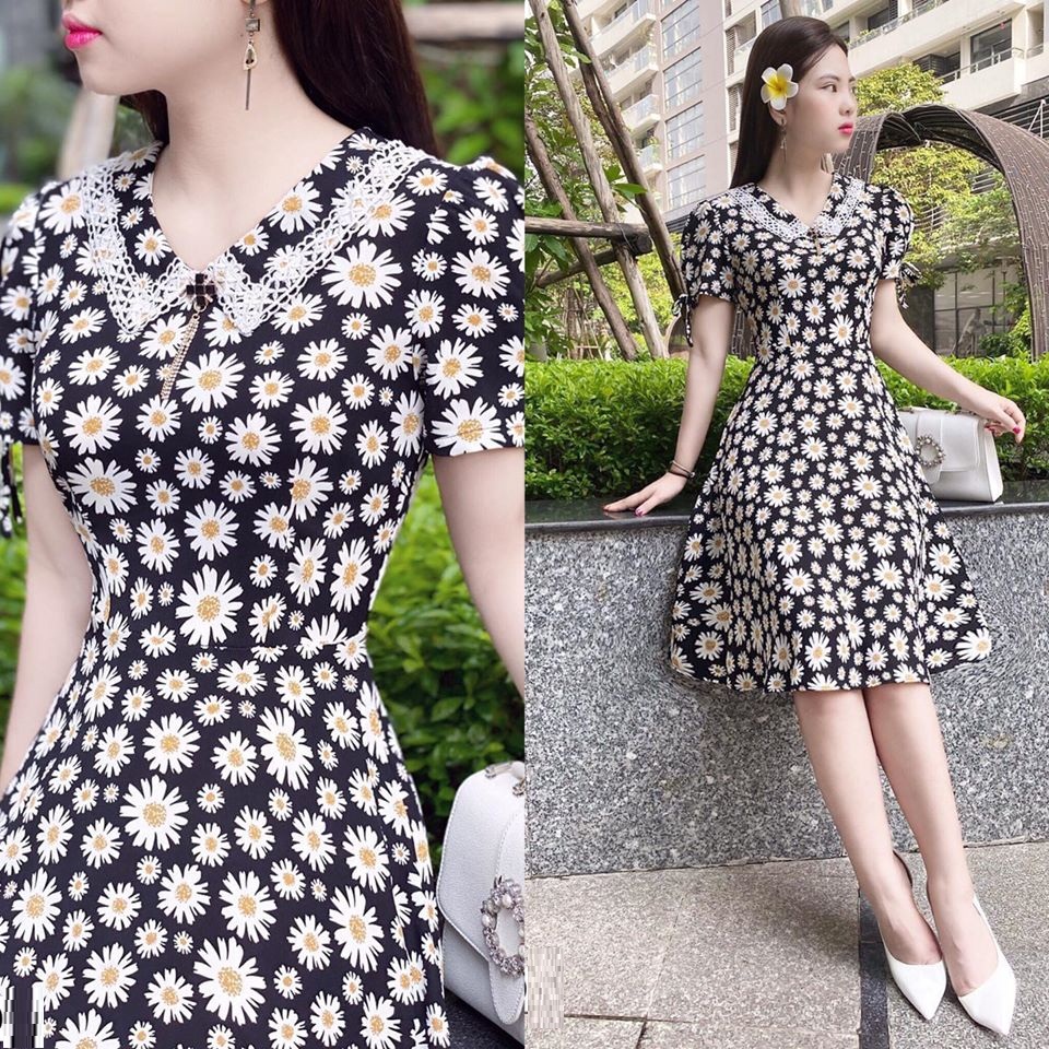 [HCM]Đầm xòe cổ v hoa cúc trắng BEYEU1688 - BY1114