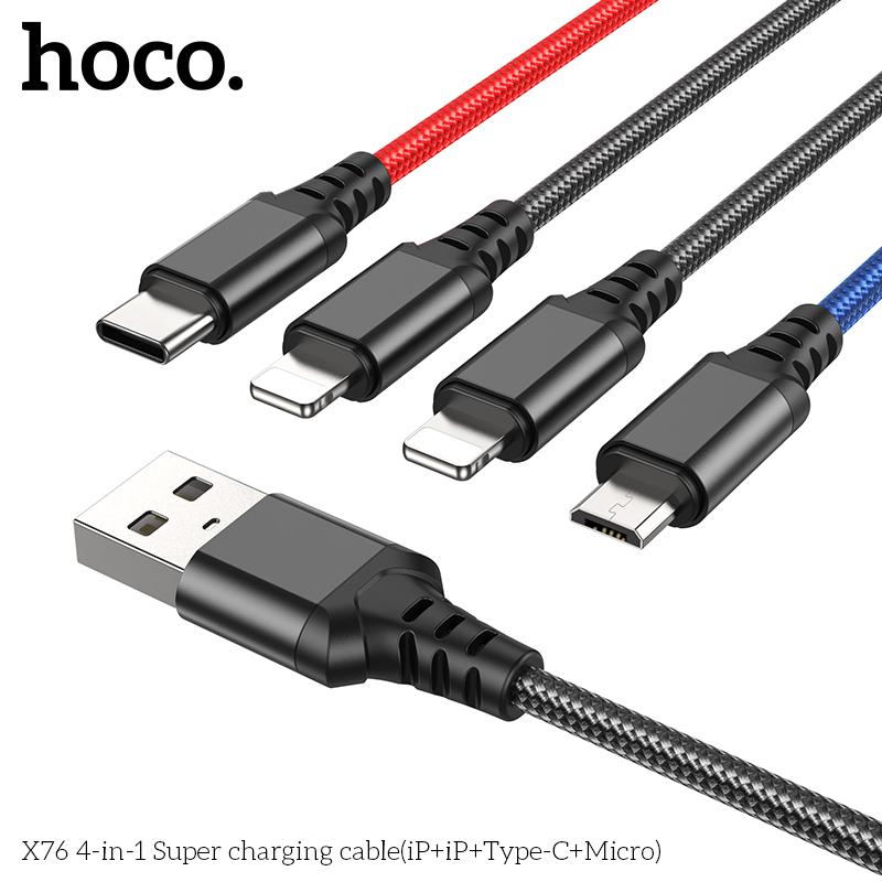 Cáp Sạc Hoco X76 Super 4 Trong 1 2.0A Cổng IP * 2 + TypeC + Micro Dây Dài 1m
