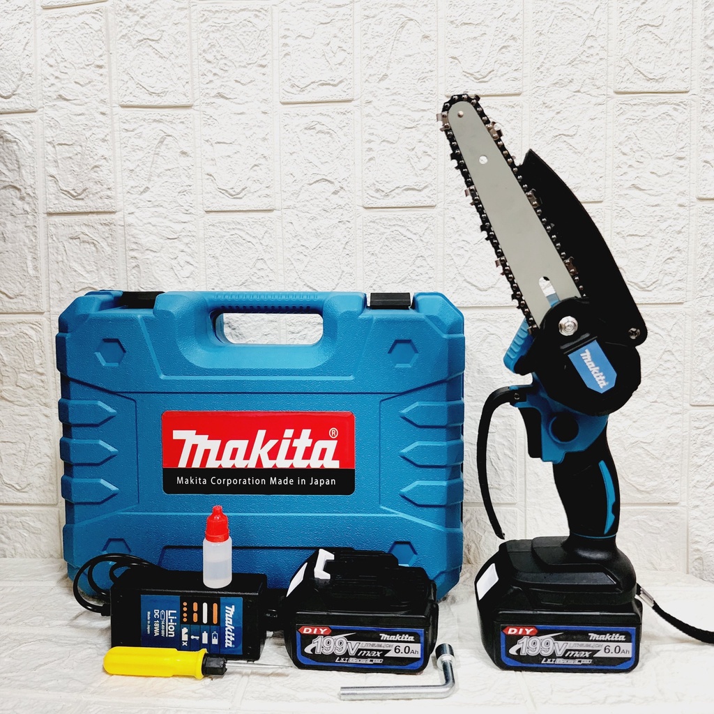 Máy cưa xích dùng pin MAKITA 199V, máy cưa xích cầm tay mini, động cơ lõi đồng 100%, pin 10 cell, lam dài 6 inch, cưa khỏe, tiện lợi
