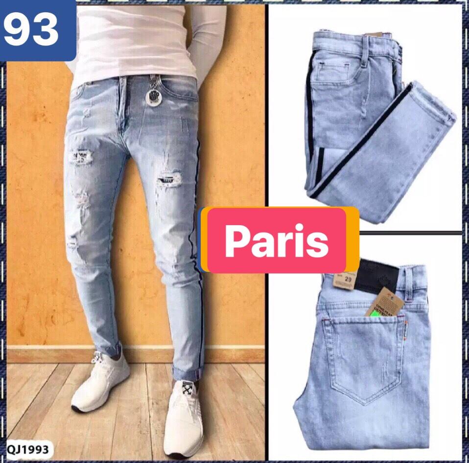 QUẦN JEAN NAM CHẤT BÒ TRẮNG XANH RÁCH 2 SỌC VIỀN KIỂU HÀN QUỐC PR-1993 CAO CẤP - PARIS FASHION