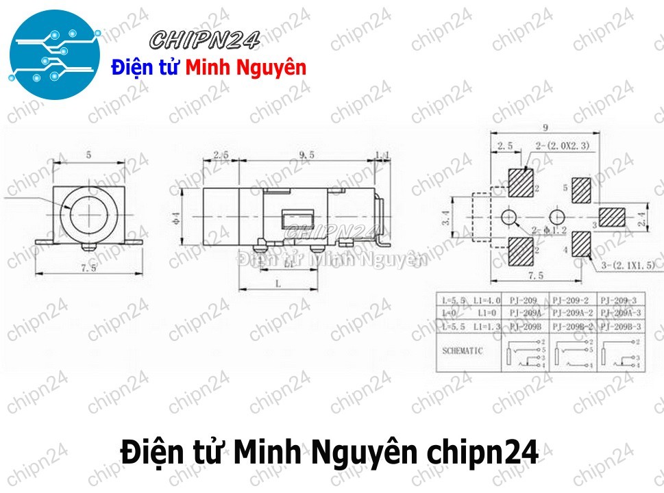 [4 cái] (F111.4) Jack cắm Audio 2.5mm PJ209 (Chân Dán) - HH001856