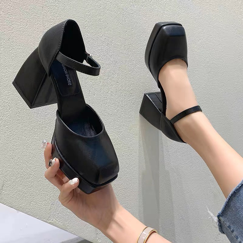 (FREESHIP) Giày Cao Gót Da đế cao 9cm mũi vuông Giày búp bế nữ Da