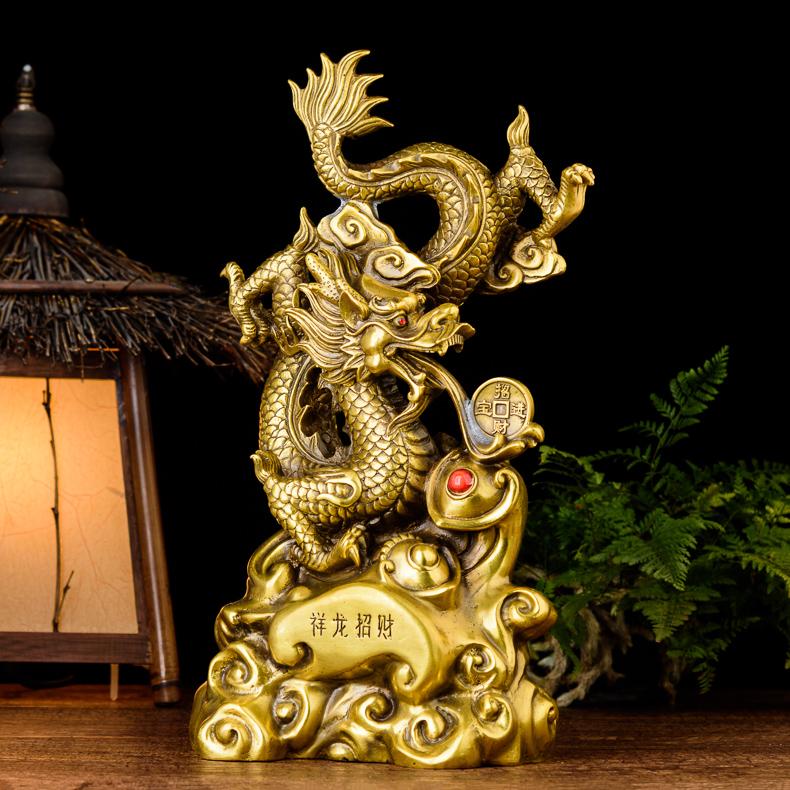 Tượng Rồng bằng đồng thau cao 39cm nặng 3600g - Linh vật phong thủy cát tường + Tặng 2 đồng xu may mắn