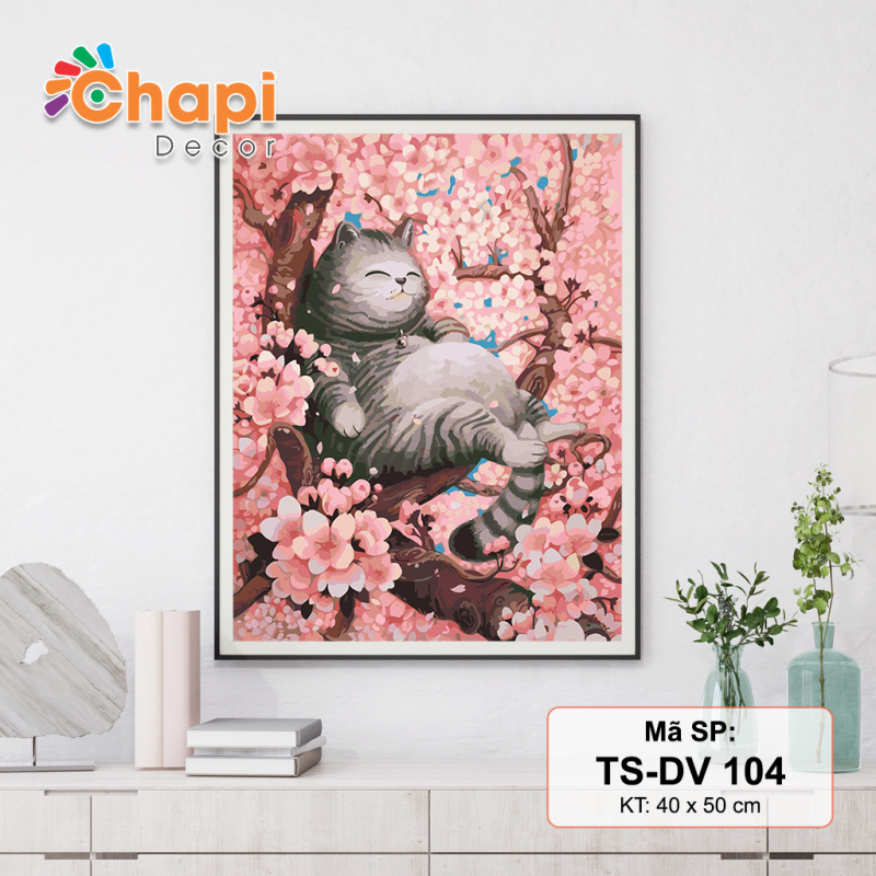 Tranh tô màu theo số Chapi Mèo Lười Trên cây Hoa Đào Mã TSDV 104 Size 40x50cm đã căng khung
