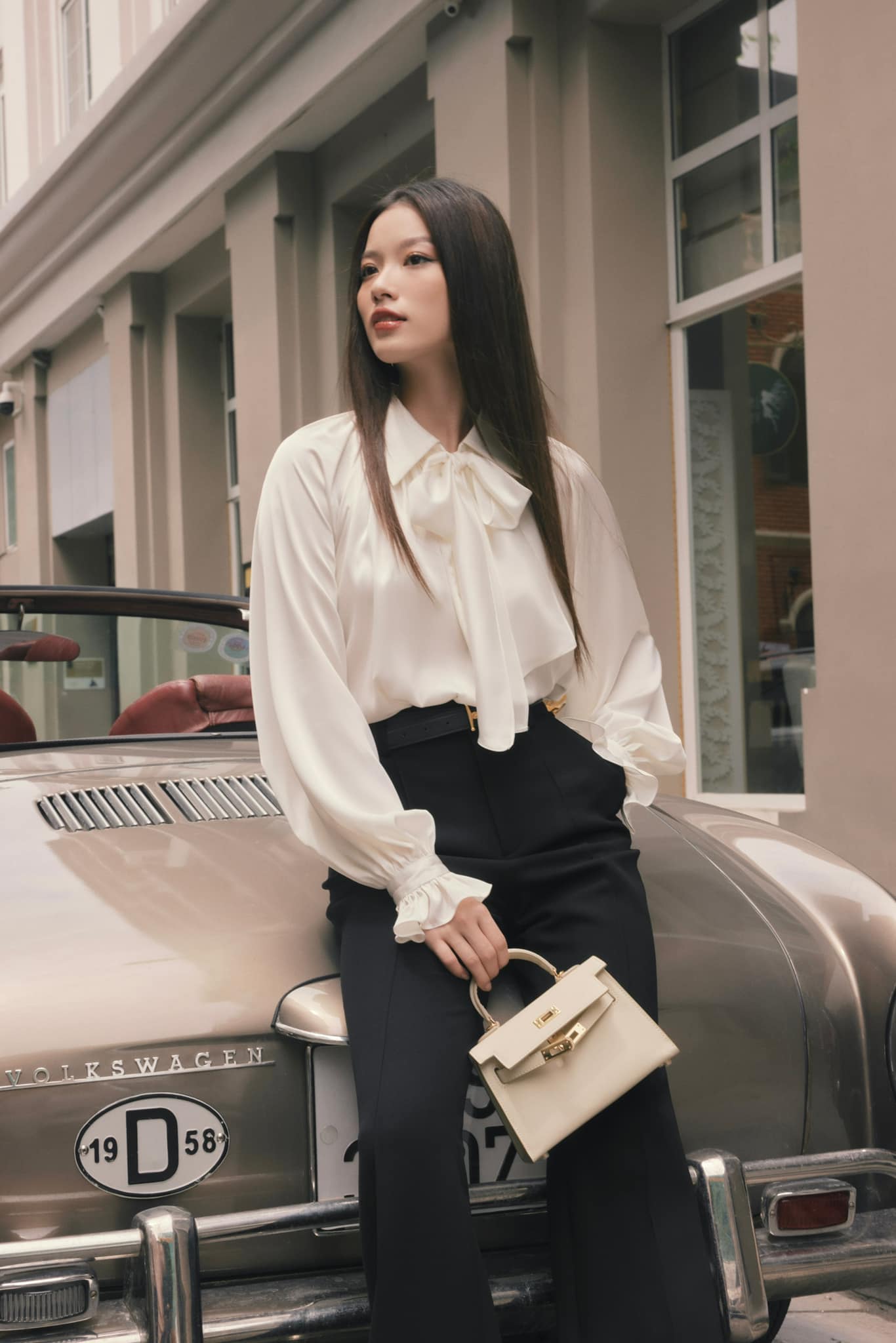 Bssm21 - áo sơ mi lụa cổ nơ tay giaclang- huong boutique