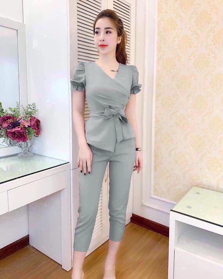 [HCM]Set bộ nữ quần dài +áo tay con cổ V eo cột nơ