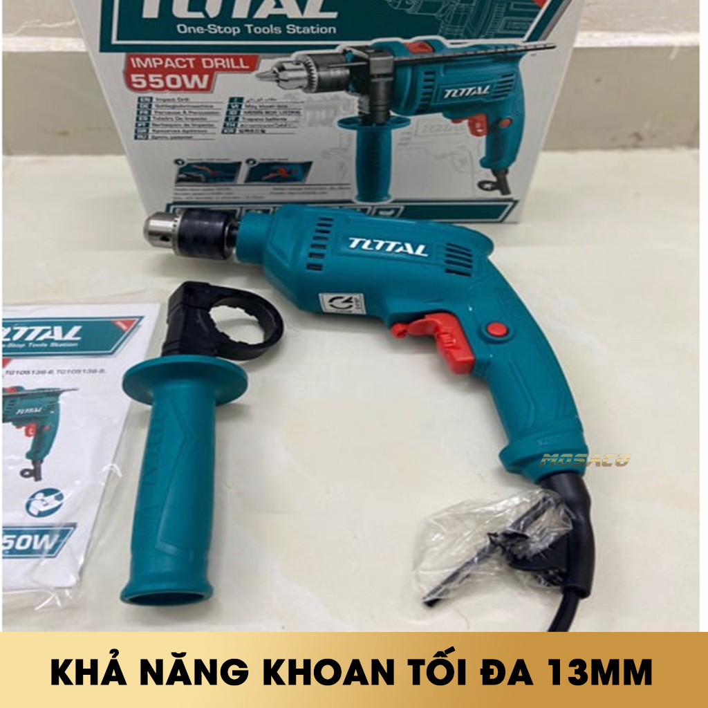 Hammer drill machine 550W total TG105136E switch reversal. Hammer drill machine handheld produced by advanced technology high quality and durability make, there is no load 0 - 3000 vòng/p, drilling capacity maximum 13mm-mosaco