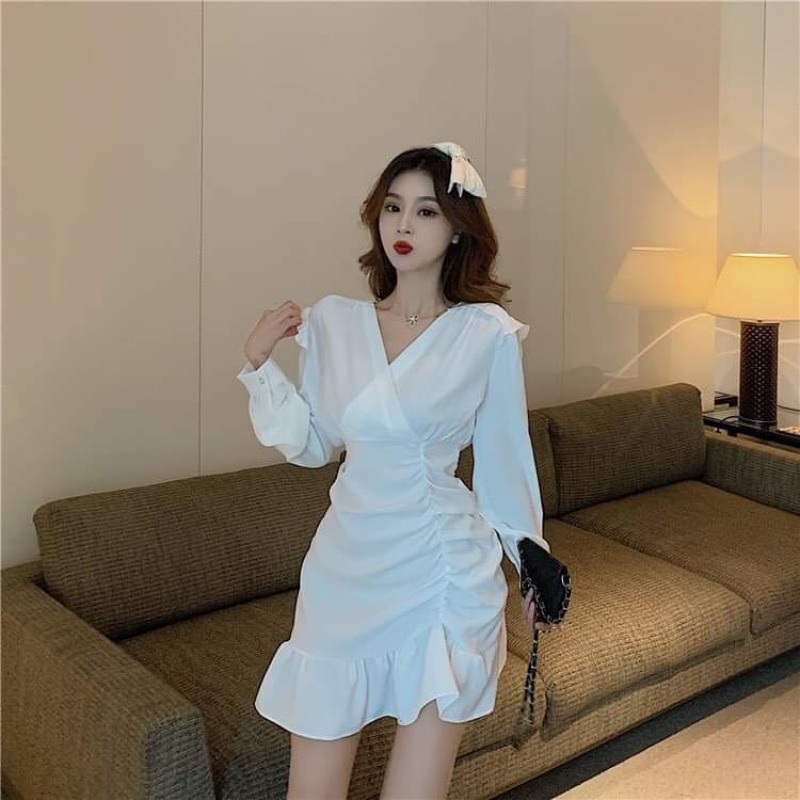 Nơi bán ĐẦM dự tiệc dáng suông đẹp cao cấp, phần vai và lai váy bèo nhúng xinh yêu, có 2 màu trắng đen giá rẻ Sanclothing