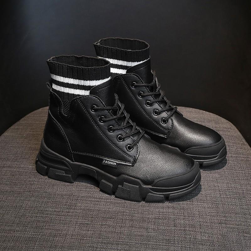 (HÀNG CÓ SẴN) BỐT BOOT NỮ BOOT DA PHỐI LEN KẺ NGANG CÁ TÍNH