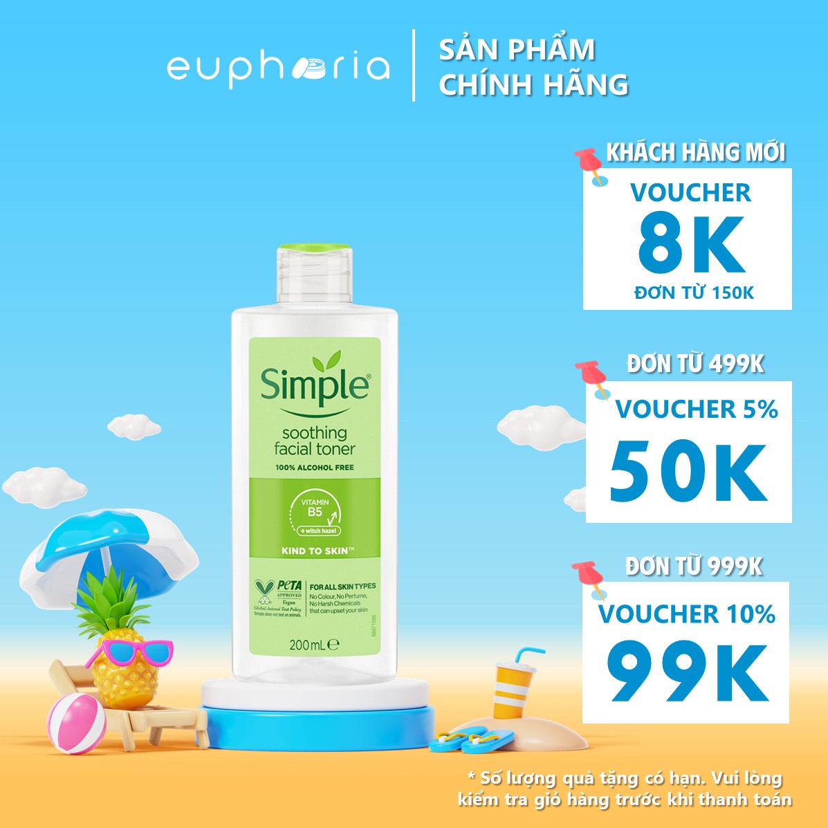 Nước hoa hồng simple làm dịu da & cấp ẩm 200ml kind to skin soothing facial toner