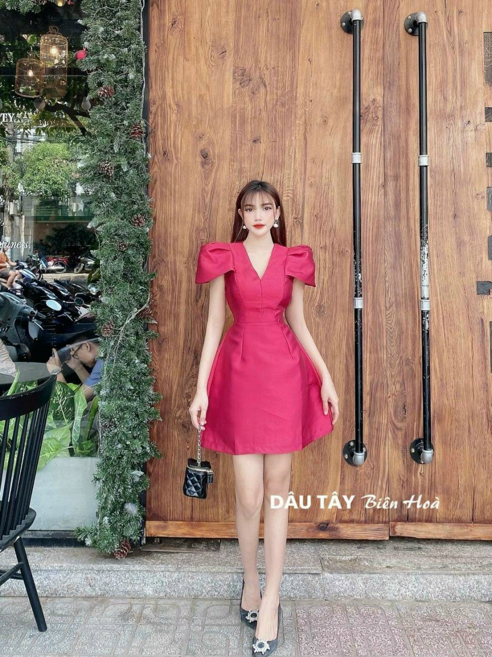 Đầm cổ V tay phồng-QH#damnu