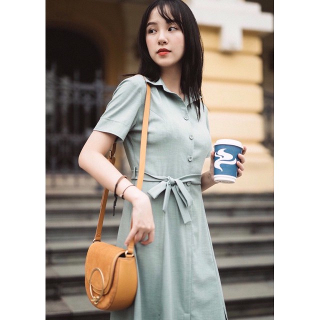 Đầm sơ mi mint xẻ tà