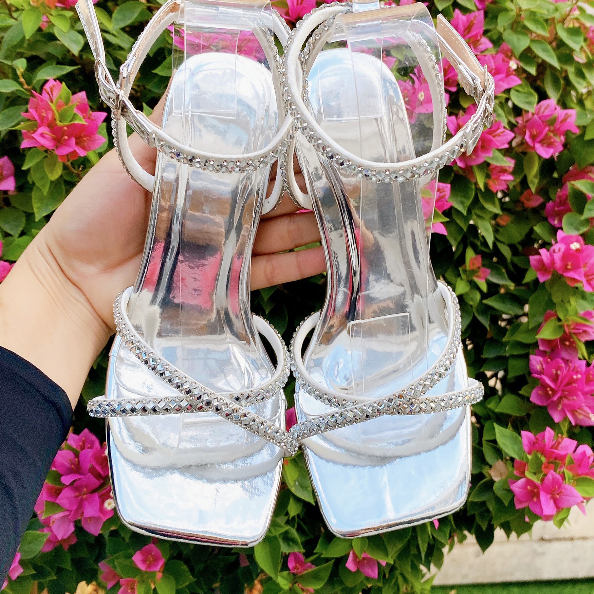 Giày cao gót nữ sandal dây đá mũi vuông 9 phân (BẠC)