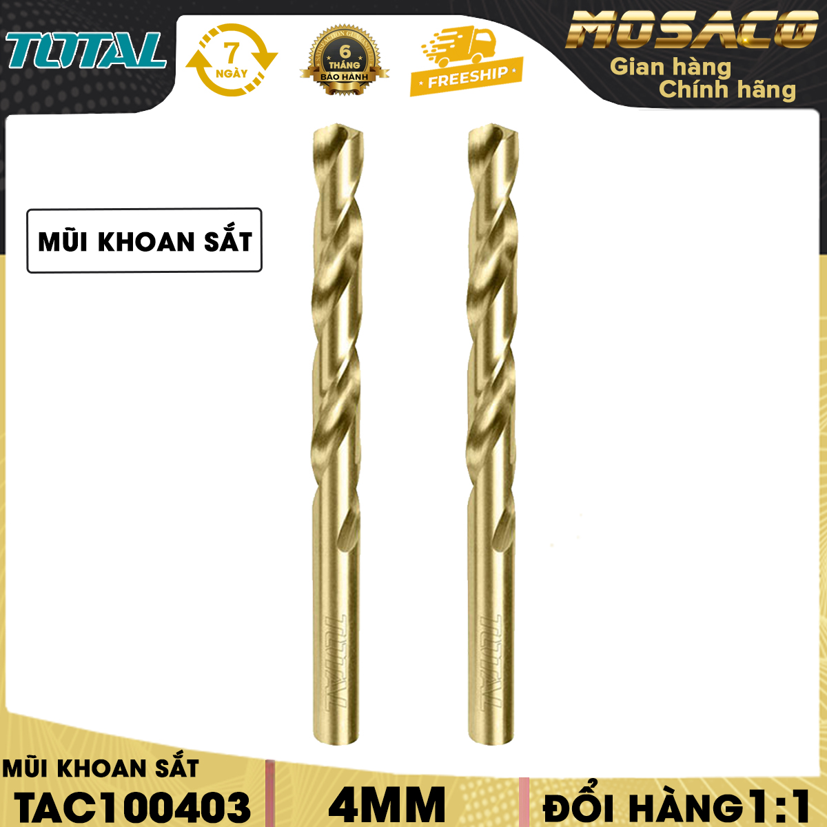 Mũi khoan sắt TOTAL TAC100403 đường kính 4mm. Mũi khoan tuổi thọ cao khi được bảo quản và sử dụng đúng cách, dùng để khoan sắt, khi sử dụng với máy khoan tốt cho đường nét khoan đẹp và chất lượng - Mosaco Tools