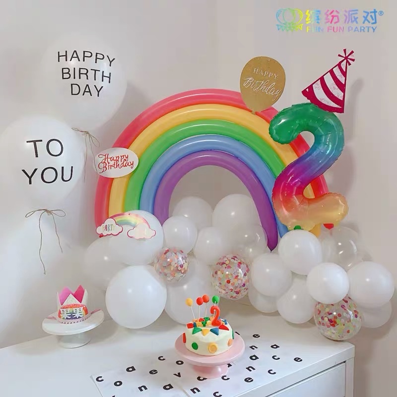 Set bóng trang trí sinh nhật , set bóng cầu vồng ,kem 7 màu, kẹo ngọt
