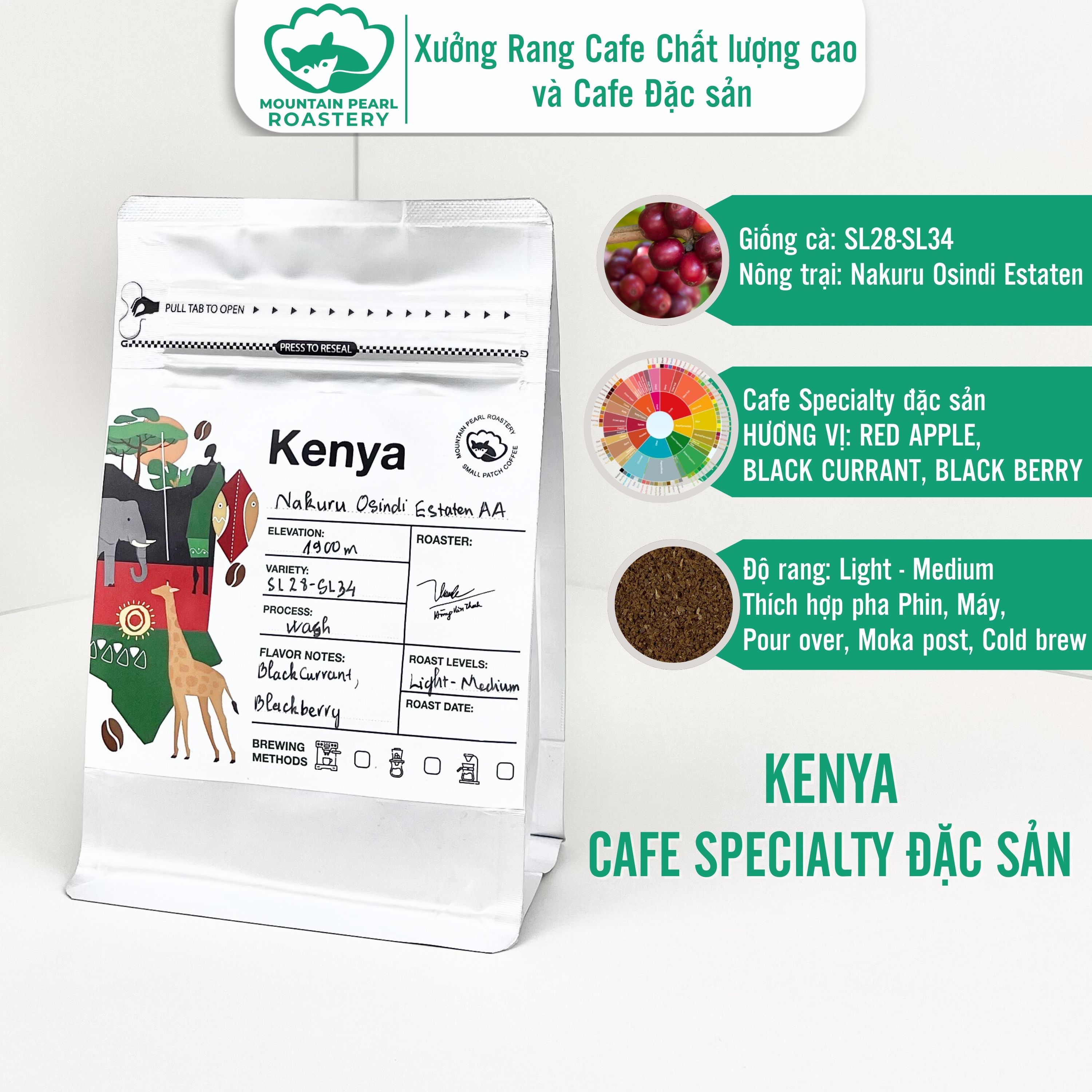 Cà Phê Kenya Kiambu 500Gr – Mountain Pearl Roastery – Rang Medium Hương Trái Cây Chín, Phù Hợp Pha Phin & Espresso