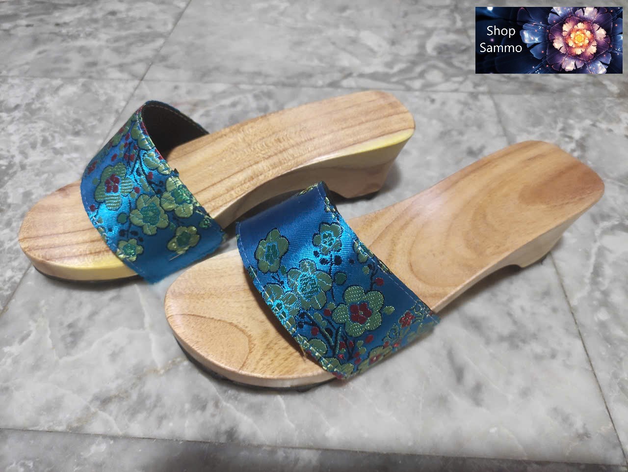 Guốc Gỗ Guốc Mộc Cao 5 Phân Quai Gấm Lụa ( Có đóng thêm đế cao su )