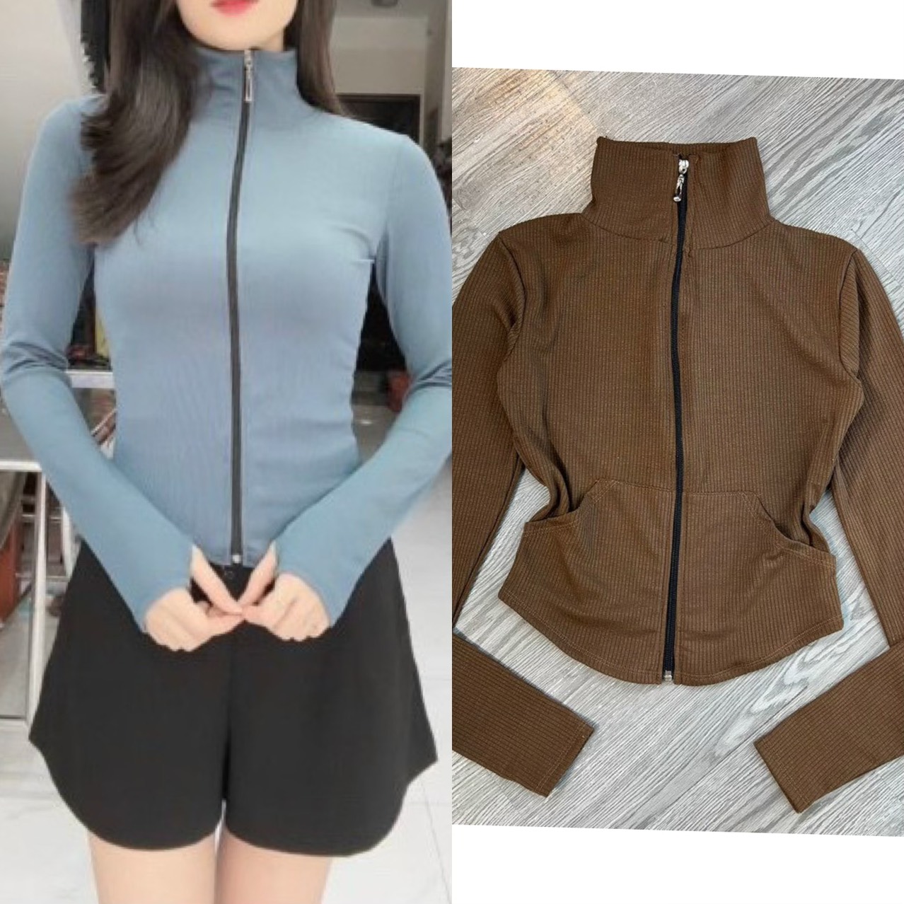Áo khoác croptop, áo khoác ủ kem thun gân cổ lọ