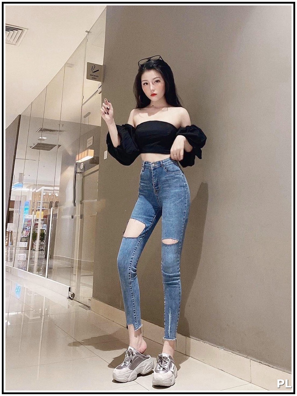 Quần Jean Nữ Lưng Cao Rách 2 BÊN To Nhỏ phối Rách lai chất jean giãn tốt 1- 1668 -21