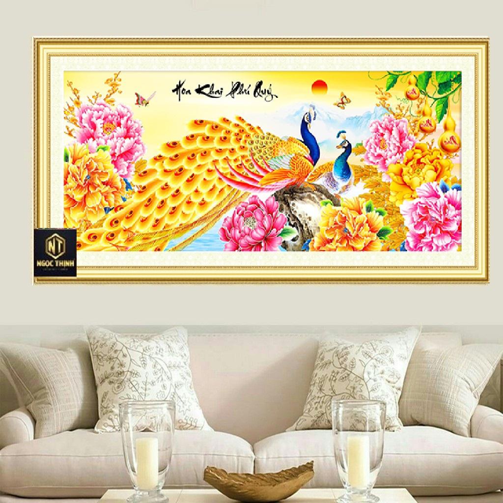 Tranh đính đá LV081 Hoa khai phú quý  kích thước 110x50 cm