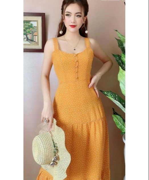 Đầm maxi chấm bi hai dây kết nút nhiều màu