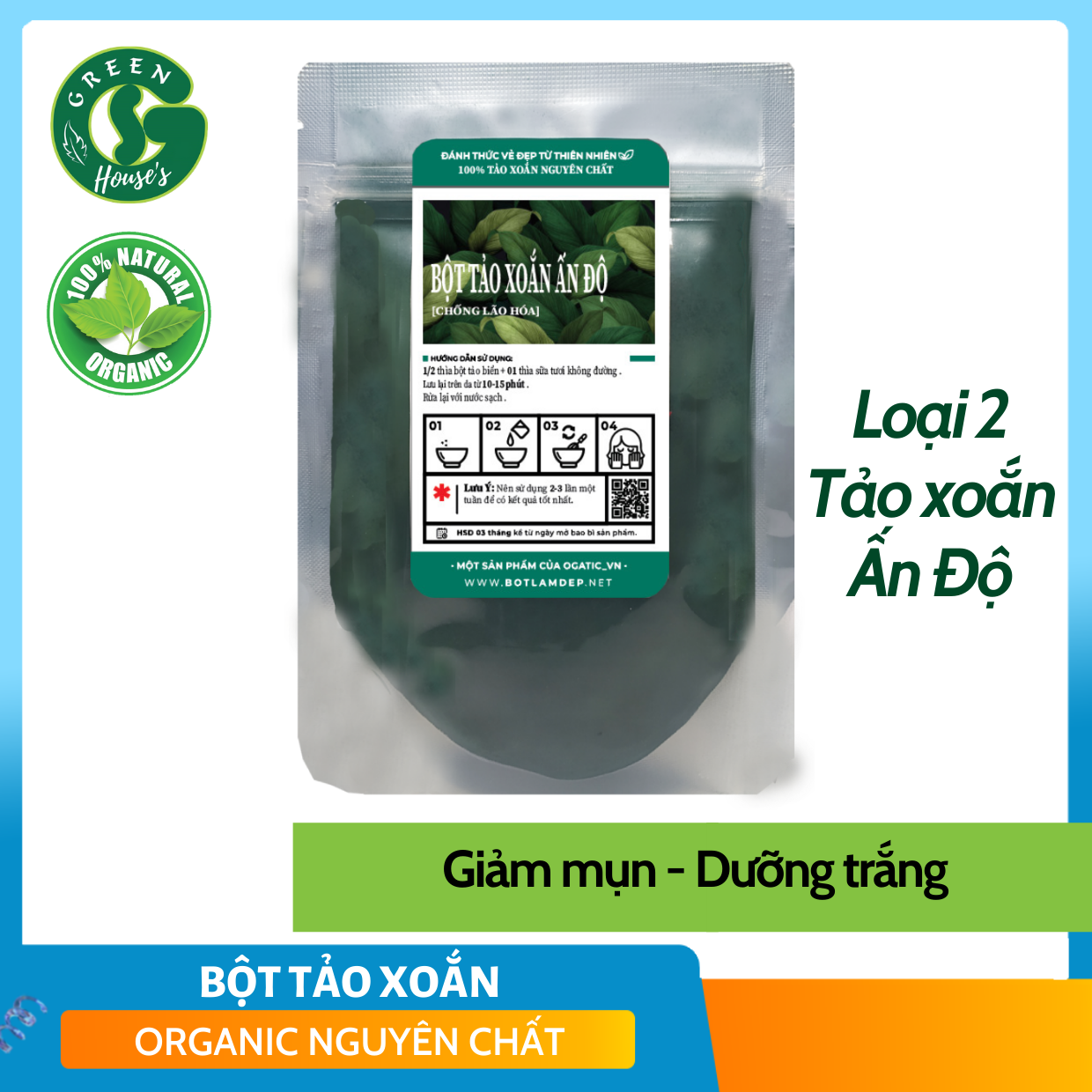 Bột Tảo Xoắn Giúp Dưỡng Trắng Giảm Thâm Nám Sạm Da - Handmade 75G - B2.009