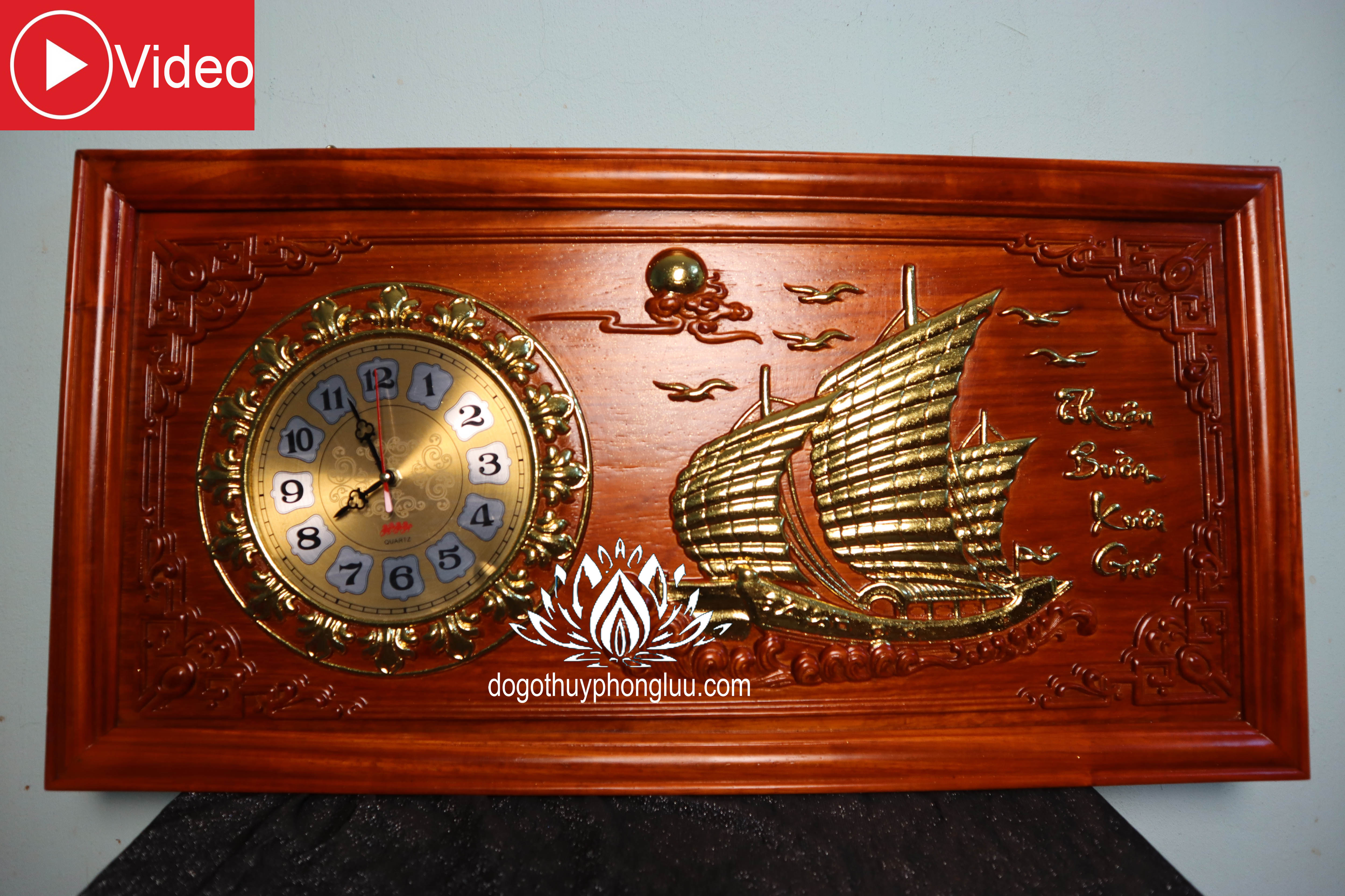 Tranh đồng hồ thuận buồm xuối gió,Tranh thuyền gỗ hương dài 81 rộng 41cm dày 3cm