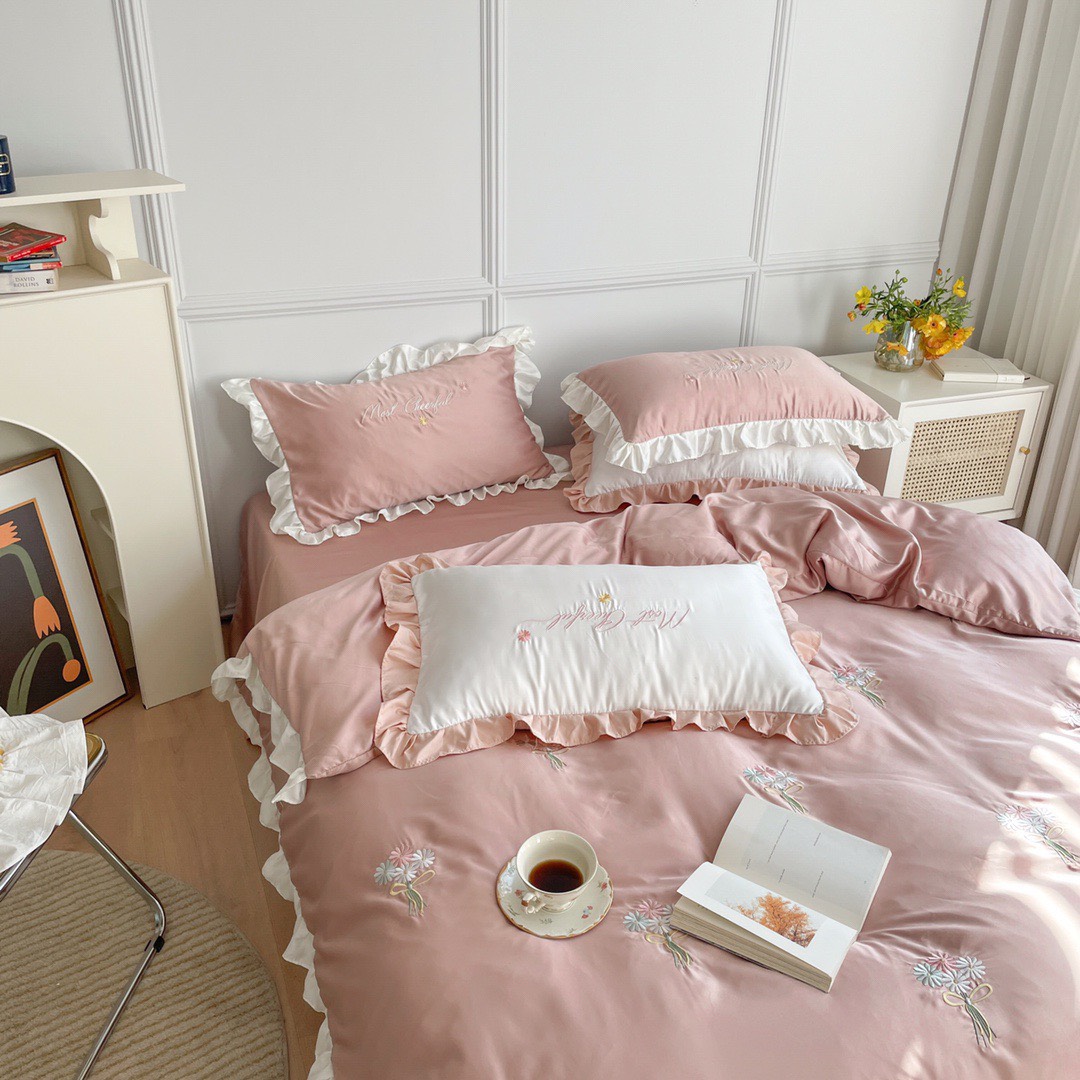 Set Chăn Ga Gối Lụa Bèo Thêu Hoa Cúc🌈