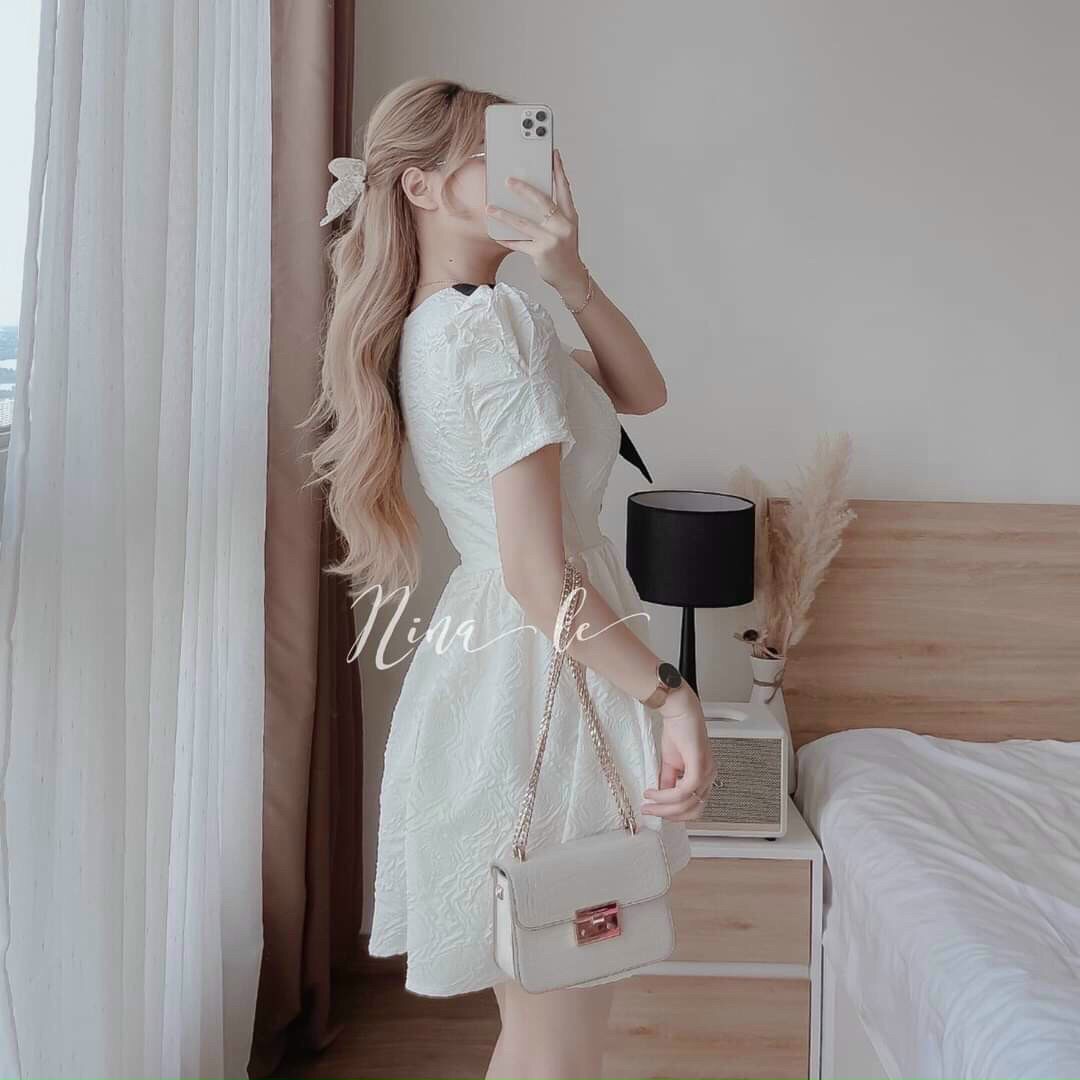 Đầm váy nữ tiểu thư kiểu xòe phối nơ chất vải xốp phối nơ cotton màu y chang hình qcs