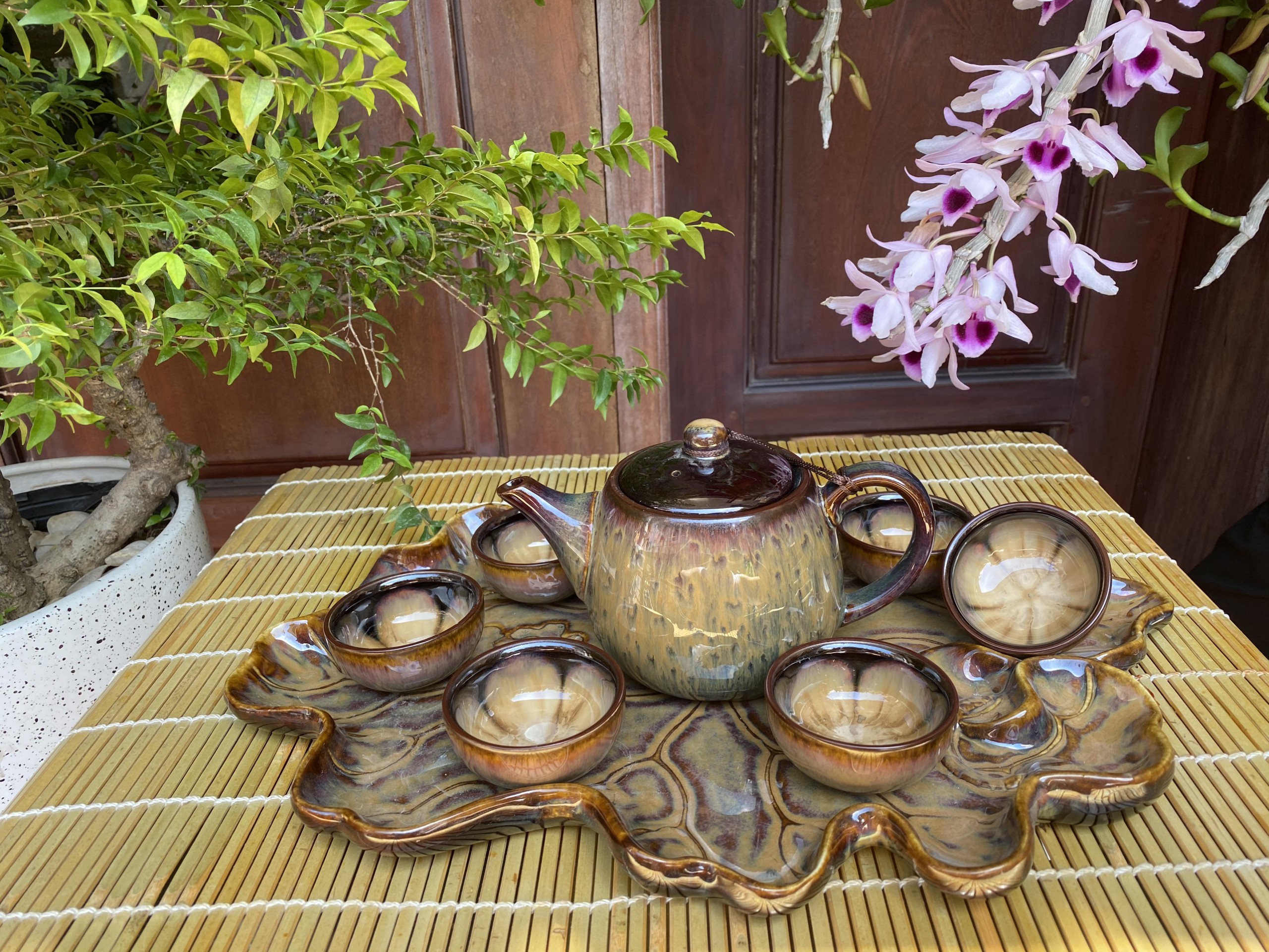 Bộ trà khay sen gốm sứ Bát Tràng cao cấp bộ trà gốm sứ bộ trà đẹp ấm chén pha trà gốm sứ