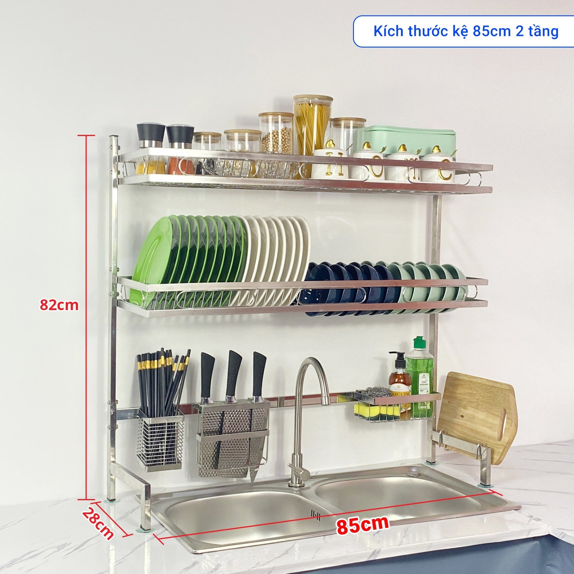 Kệ chén bát Inox 304 trên bồn rửa thông minh Kalpen size 85cm hàng chuẩn Đức - 1 tầng/2 thầng