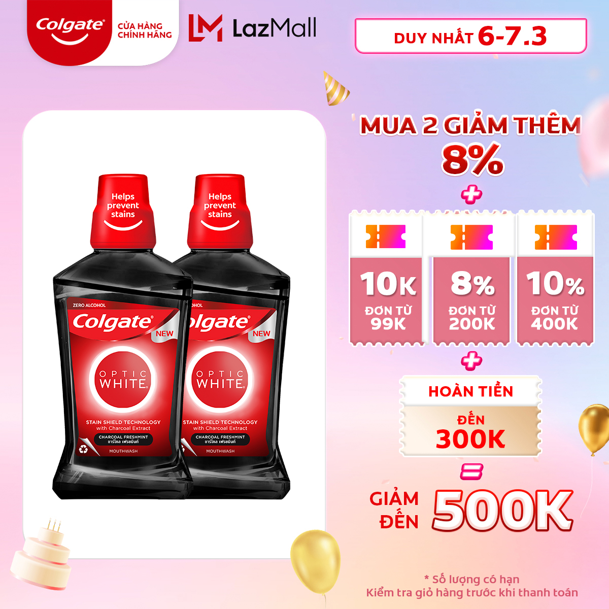 Bộ 2 Nước súc miệng Colgate trắng răng Optic White than hoạt tính bạc hà the mát 500ml/chai