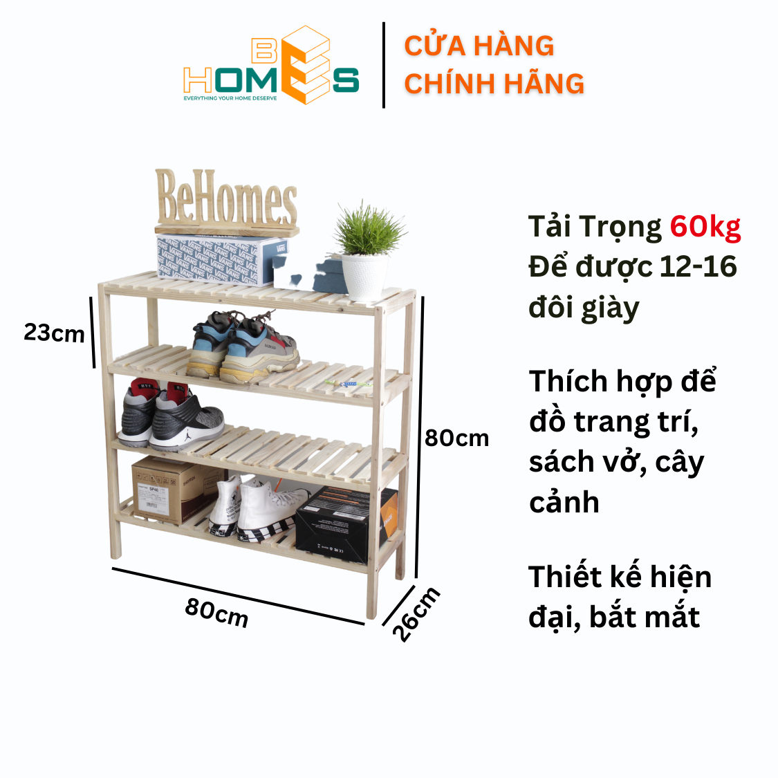 Kệ giày gỗ đa năng 4 tầng dài 80cm