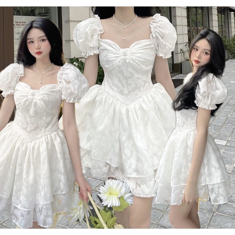 Váy trắng tiểu thư công chúa tay phồng nơ ngực, đầm trắng dự tiệc dáng xoè tay bồng ngắn AS263