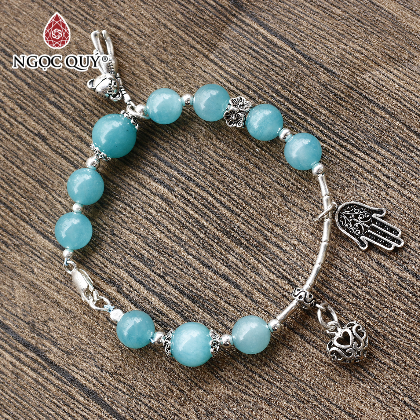 Vòng đá amazonite phối charm bàn tay hamsa bạc mệnh thủy mộc - Ngọc Quý Gemstones