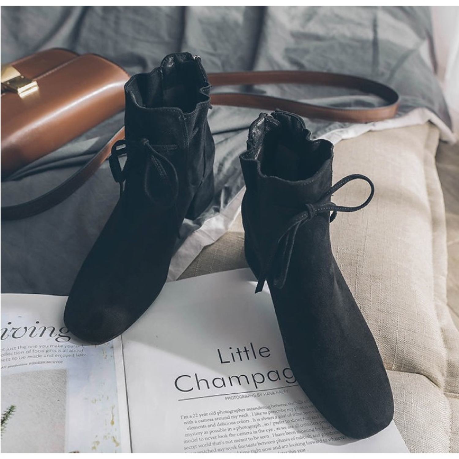Boot Nữ Cao Gót 5P Gót Vuông Mũi Vuông Da Lộn