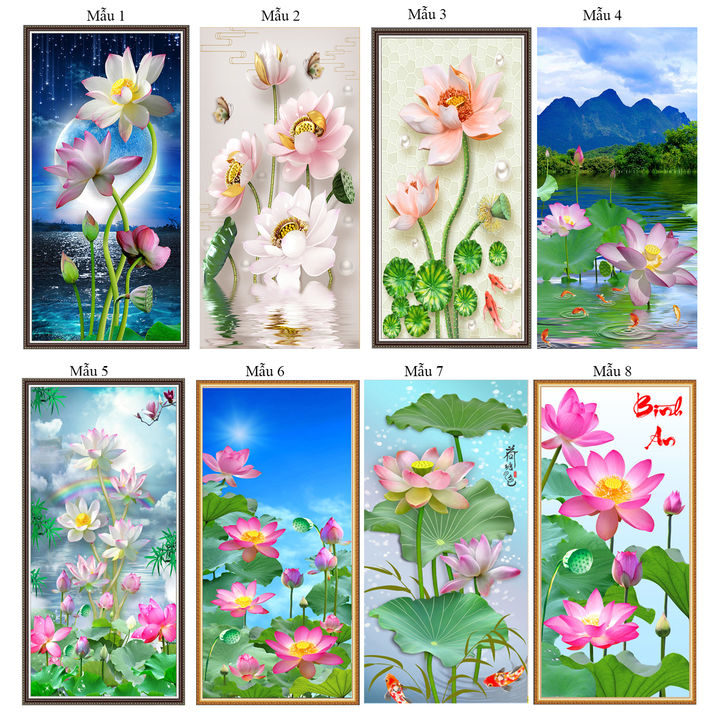 Tranh 3D hoa sen thư pháp dán tường