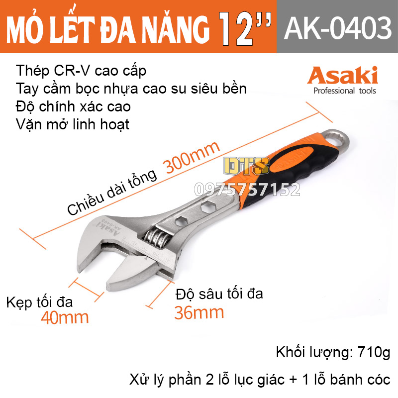 Mỏ lết đa năng cao cấp hãng ASAKI thép CR-V đúc nguyên khối tiêu chuẩn Nhật Bản, mỏ lết cao cấp bánh răng điều chỉnh độ mở linh hoạt, cờ lê mỏ lết, cờ lê điều chỉnh có thước đo đường kính, vặn mở bulong, đai ốc