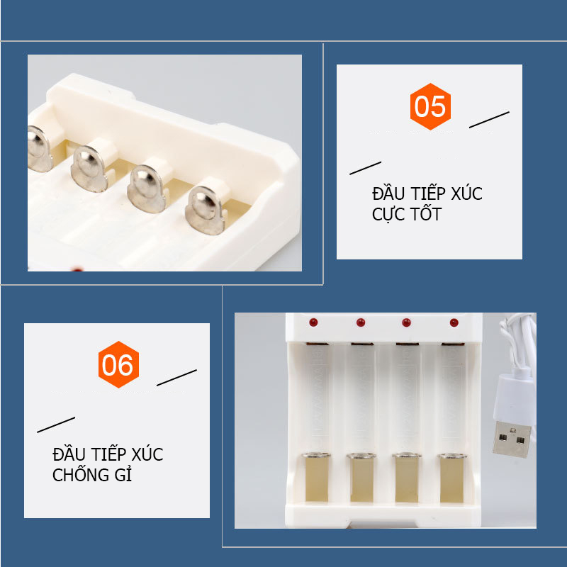 Bộ sạc pin AA/AAA (pin tiểu, pin đũa) 4 cổng, đầu cắm USB - Bmax - MQ B04