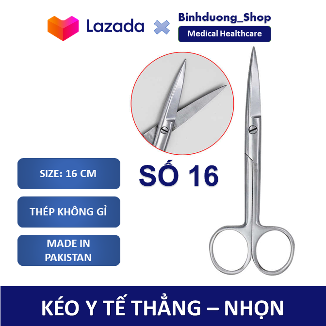 Kéo y tế Pakistan kích thước 16cm thẳng 2 đầu nhọn