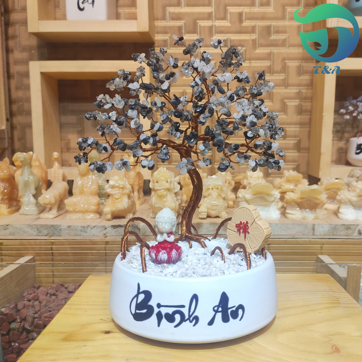 Cây Đá Thạch Anh Tóc Đen Nghệ Thuật Tự Nhiên Cầu Tài Lộc May Mắn Dùng Để
