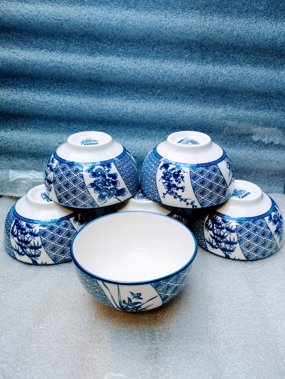 Combo 10 chén sứ, 5 chén cơm  hoa văn mẫu hoa xanh GL73 , chén cơm trắng 11cm, chén chấm trắng 8.5cm